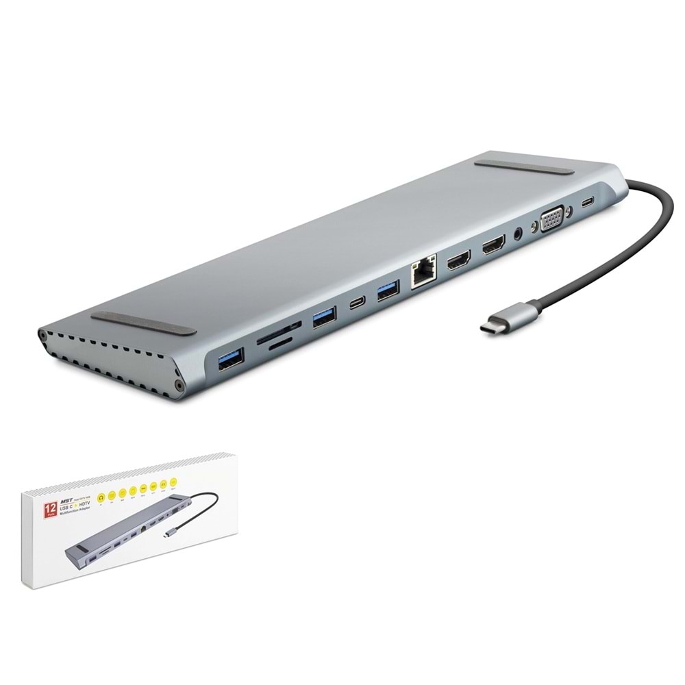 HADRON HDX7855 Type-C 3.0 Combo Hub PD HDMI 4K VGA LAN AUX Kart Okuyucu 12 Port 5 Gbps Gri