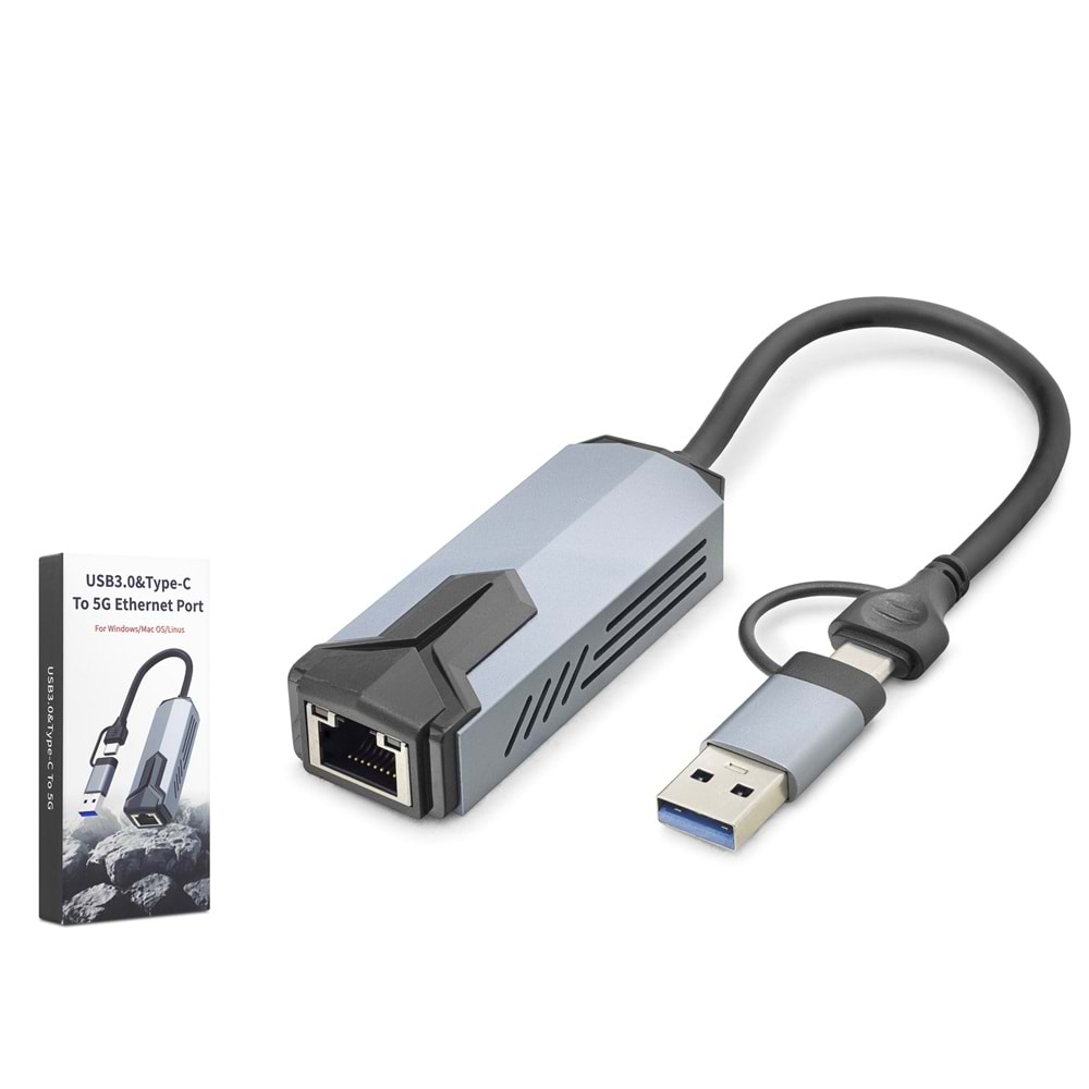 HADRON HDX7866 USB Type C 3.0 Ethernet Adaptör Gigabit 5 Gbps Gri