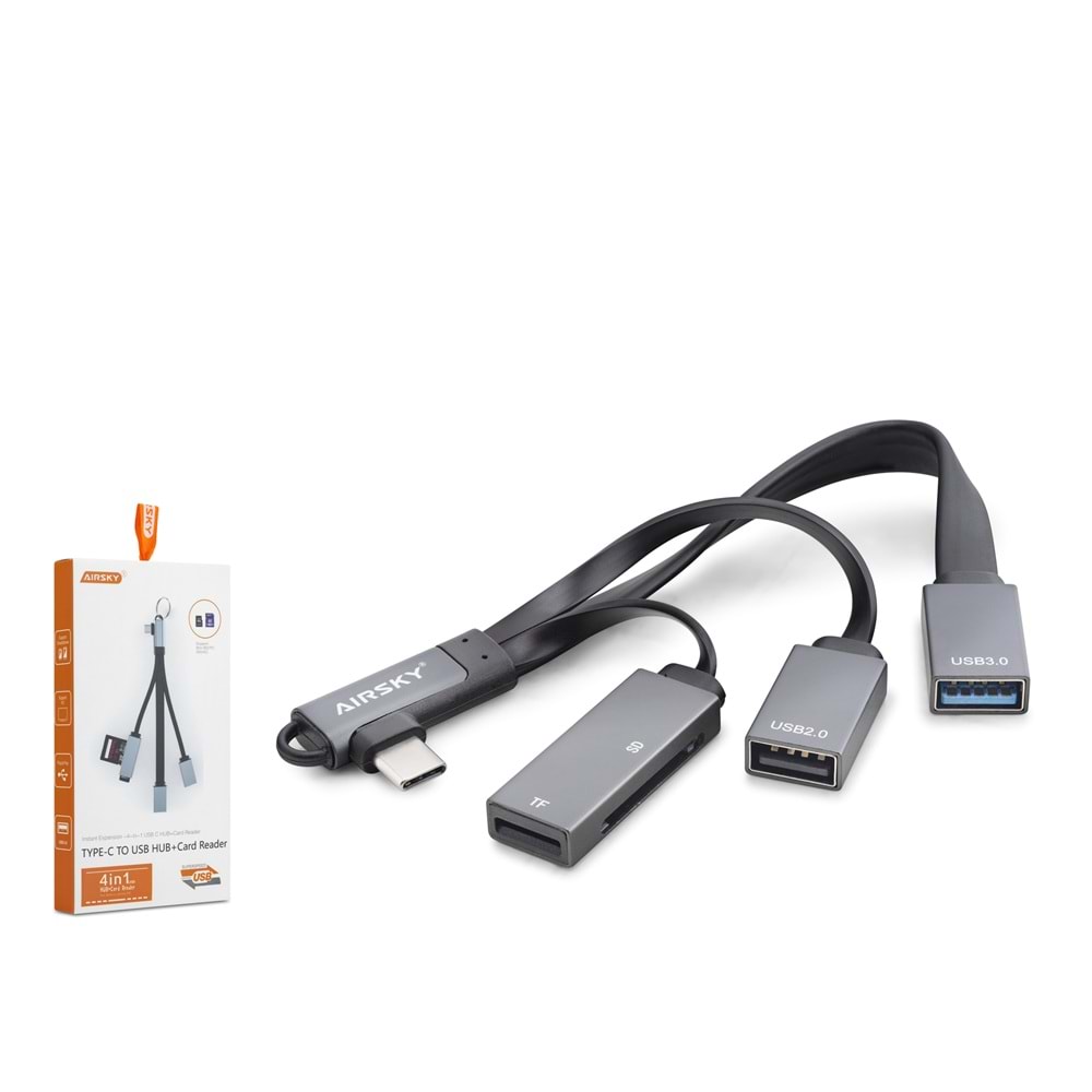 AIRSKY HDX7877 Type-C 3.0 Combo Hub Kart Okuyucu 4 Port 5 Gbps Siyah