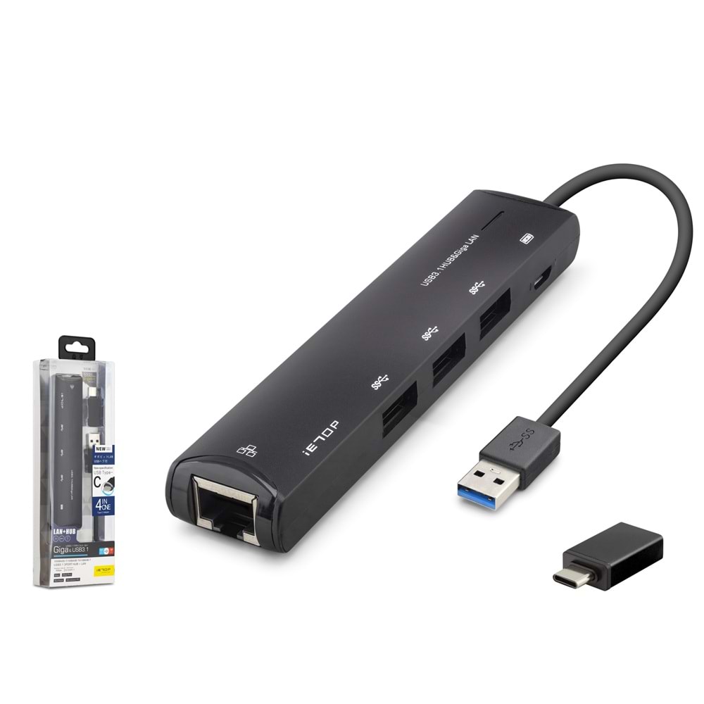 iETOP HDX7897 USB Type-C 3.2 Gen1 Combo Hub Gigabit LAN 4 Port 5 Gbps Siyah