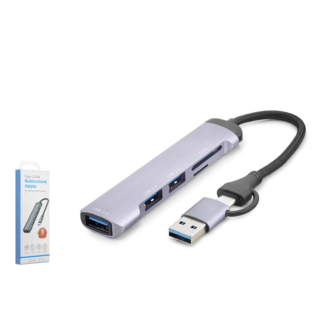 HADRON HDX7900 USB Type-C 3.0 Combo Hub Kart Okuyucu 5 Port 5 Gbps Gri