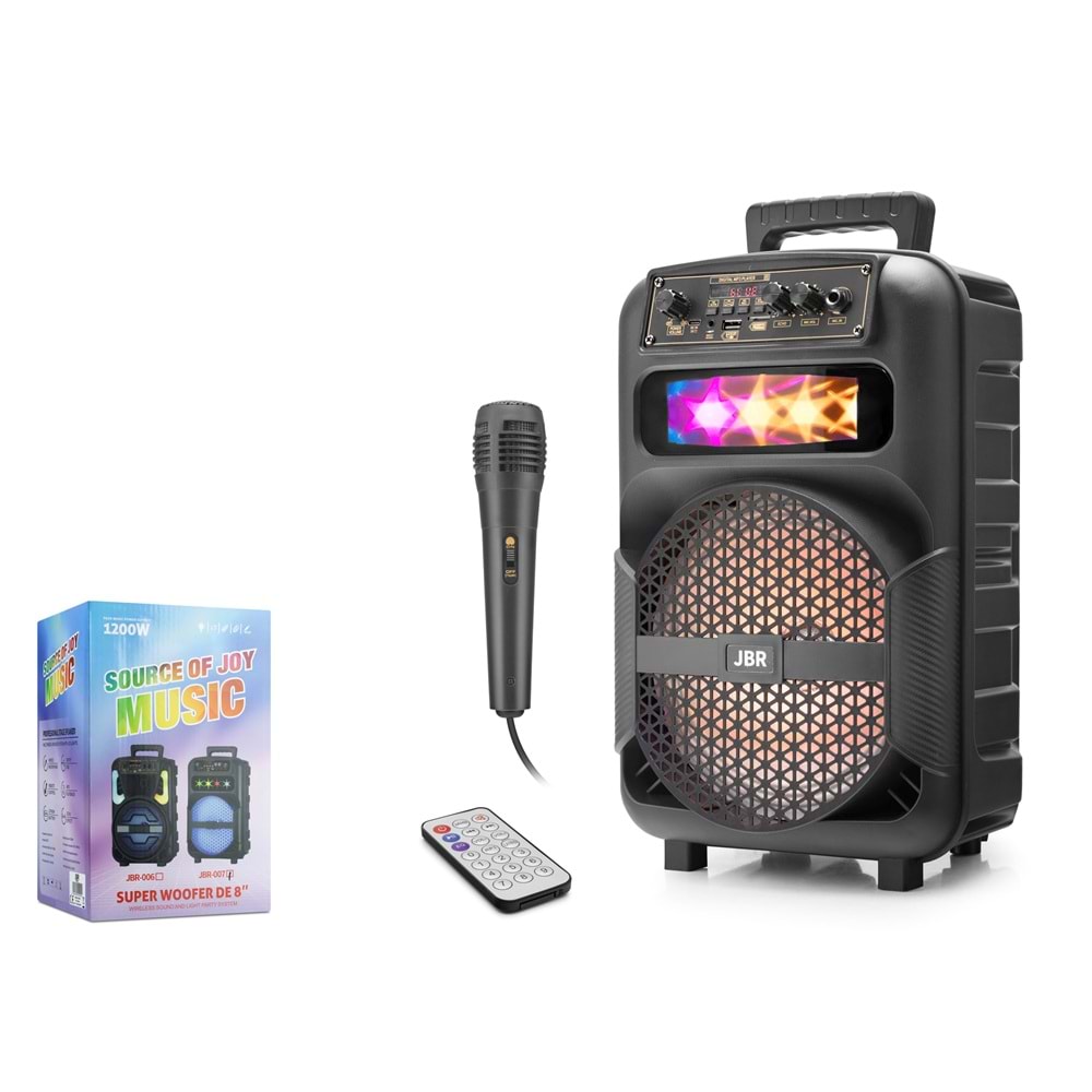 JBR JBR007 Karaoke Mikrofonlu Bluetooth Hoparlör FM Radyo 10W 8 İnç RGB Kumandalı Siyah