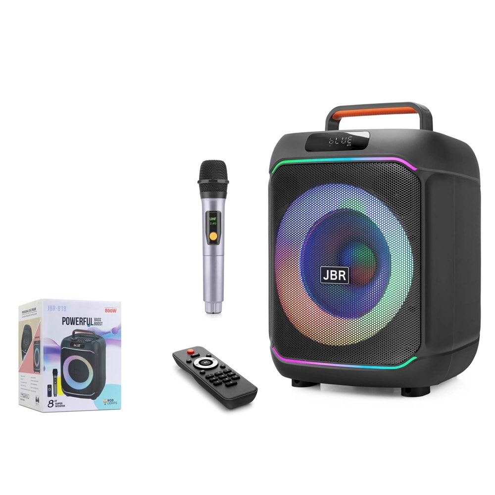 JBR JBR818 Karaoke Mikrofonlu Bluetooth Hoparlör FM Radyo 40W 8 İnç RGB Kumandalı Siyah