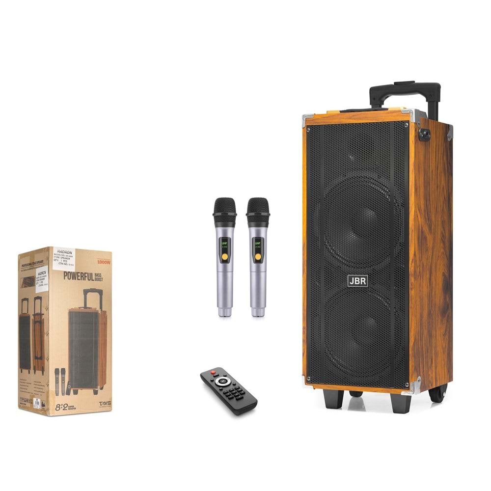 JBR JBR8808 Çift Karaoke Mikrofonlu Bluetooth Hoparlör FM Radyo 50W 2x8 İnç RGB Kumandalı Ahşap