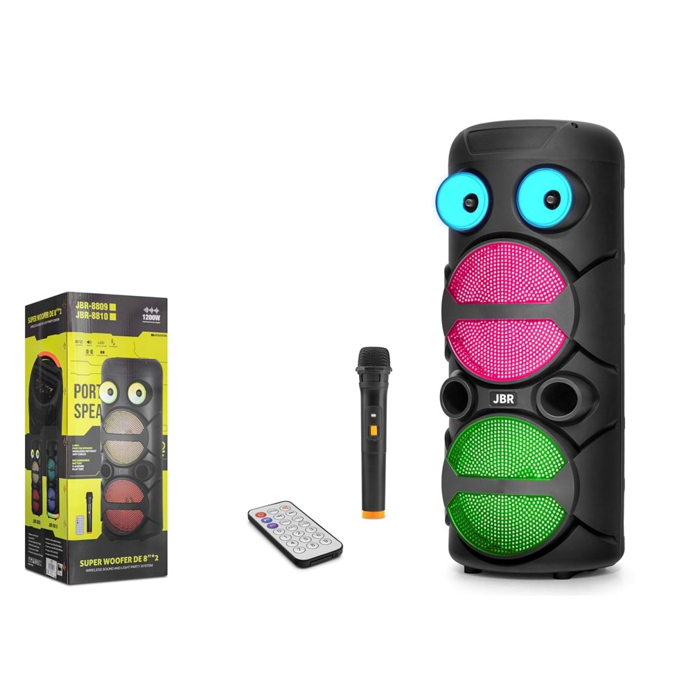 JBR JBR8809 Karaoke Mikrofonlu Bluetooth Hoparlör FM Radyo 20W 2x8 İnç RGB Kumandalı Siyah