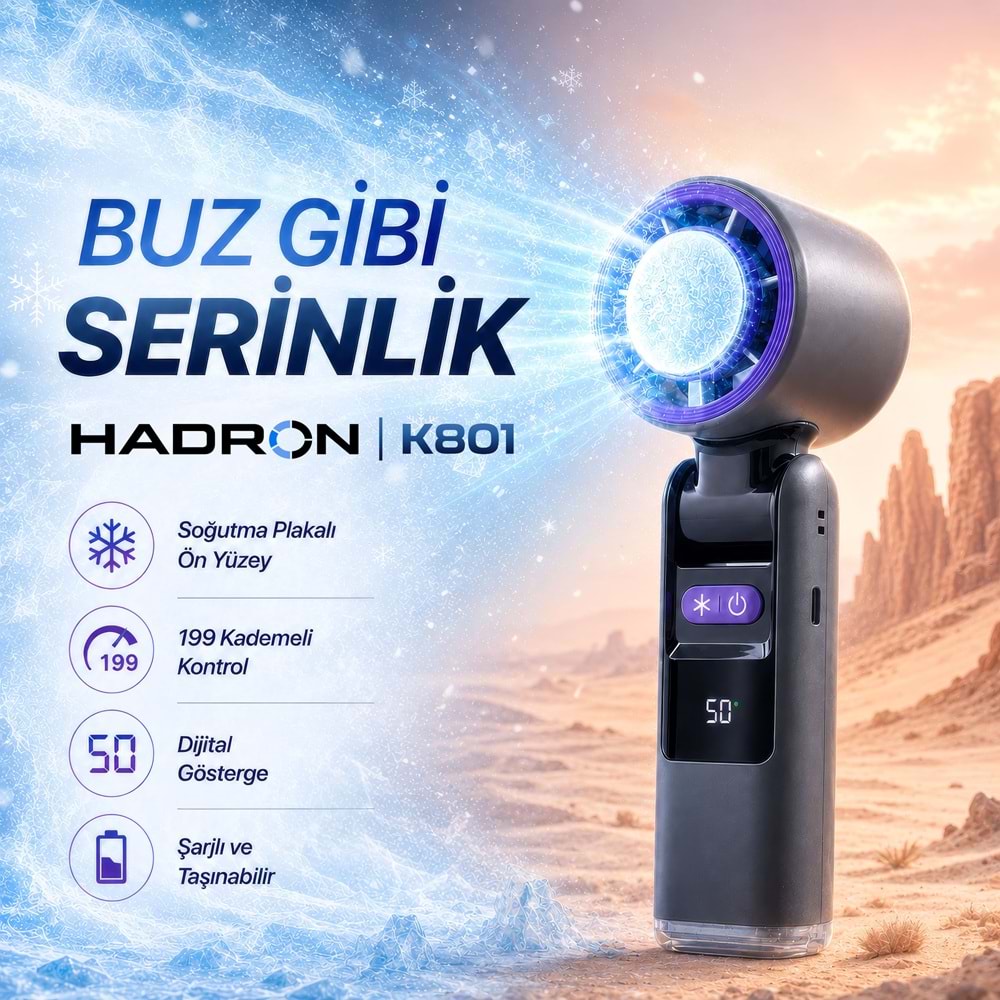 HADRON K801 Şarjlı Soğutma Plakalı Mini El Fanı 1800 mAh Dijital Göstergeli 199 Kademeli