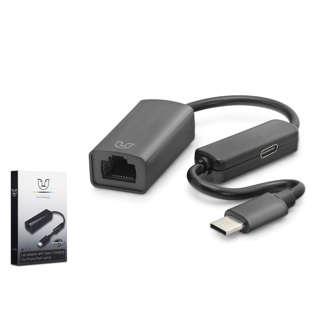 NONAP L118 Type C USB 2.0 Ethernet Adaptör 10/100 Mbps PD Güç Destekli Siyah