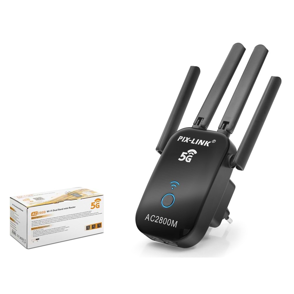PIXLINK AC27Q WiFi Repeater Router Access Point AC2800 Dual Band 5 GHz Siyah