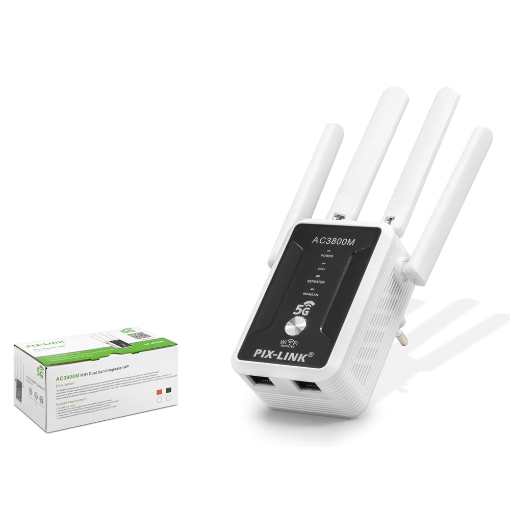 PIXLINK AC32Q WiFi Repeater Router Access Point AC3800 Dual Band 5 GHz Siyah Beyaz