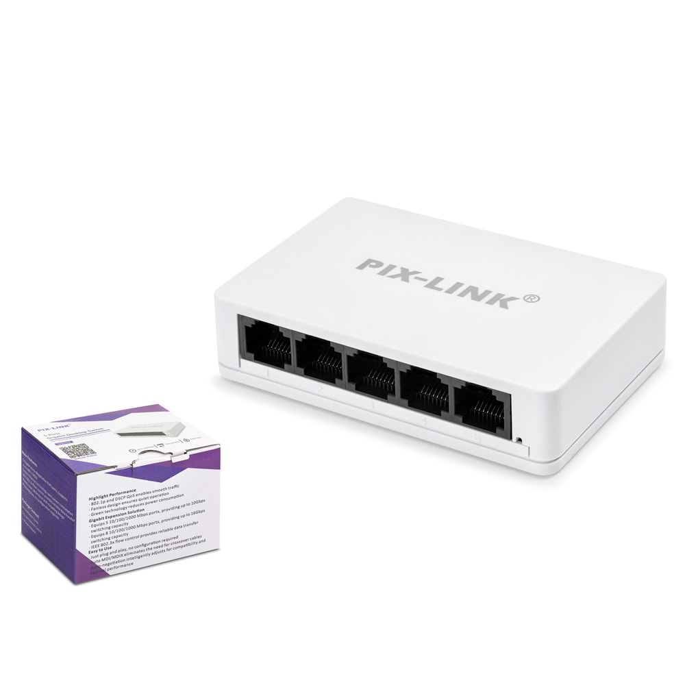 PIXLINK GS05 Gigabit Ethernet Switch 5 Port Beyaz