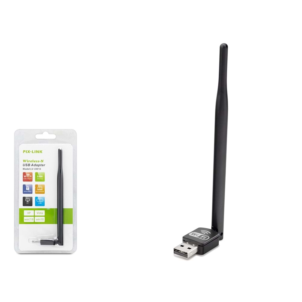 PIXLINK UW10 USB WiFi Adaptörü 150 Mbps 2.4 GHz 7601IC Chipset Siyah