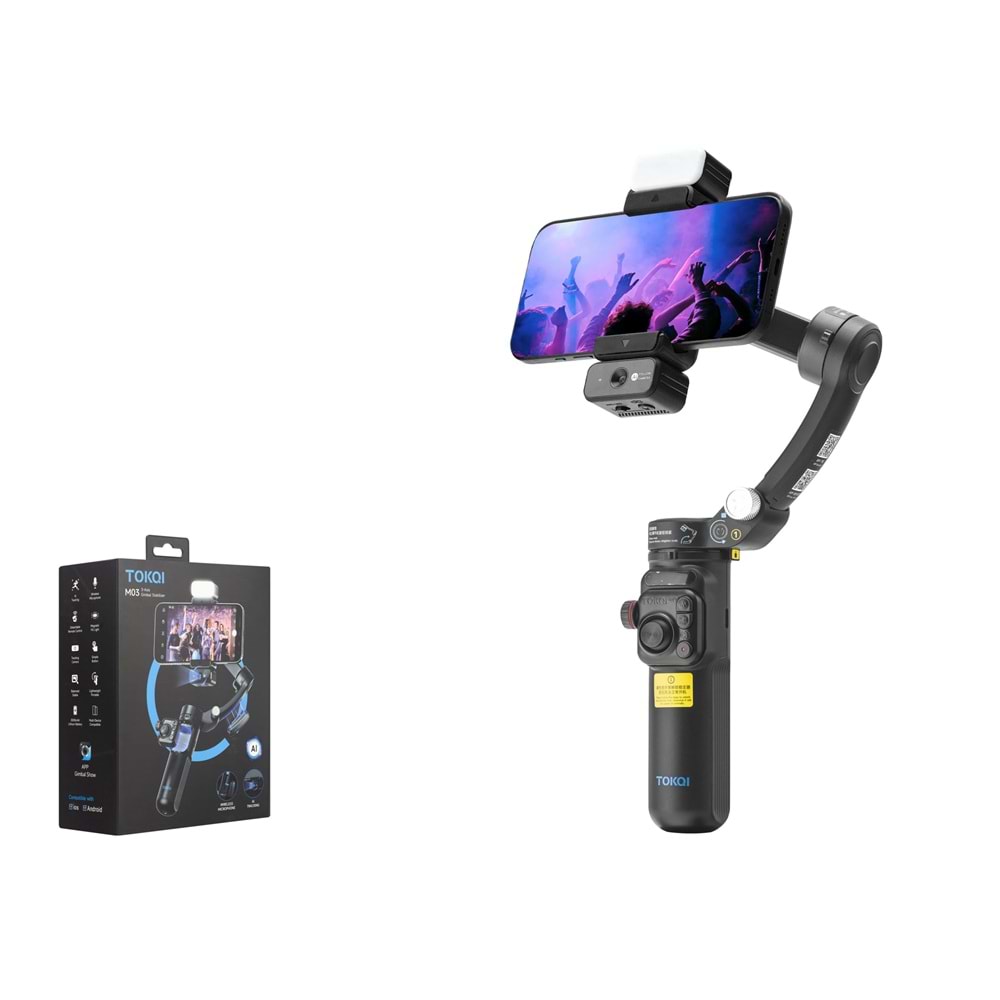 TOKQI M03 3 Eksenli Gimbal Selfie Çubuğu AI Takipli Işıklı Mikrofonlu Bluetooth Tripod Siyah