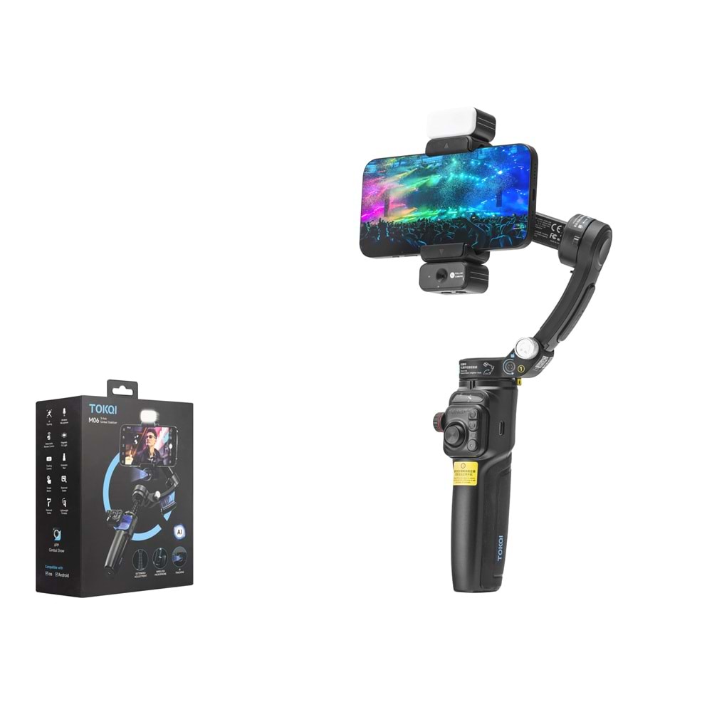 TOKQI M06 3 Eksenli Gimbal Selfie Çubuğu AI Takipli Işıklı Mikrofonlu Bluetooth Tripod Siyah