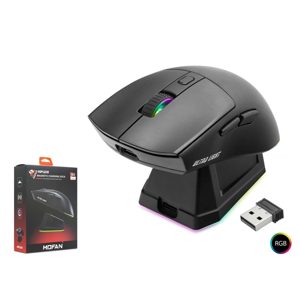MOFAN MF1215B Dual Mode RGB Gaming Mouse Manyetik Şarj Standlı 2.4 GHz Bluetooth Siyah