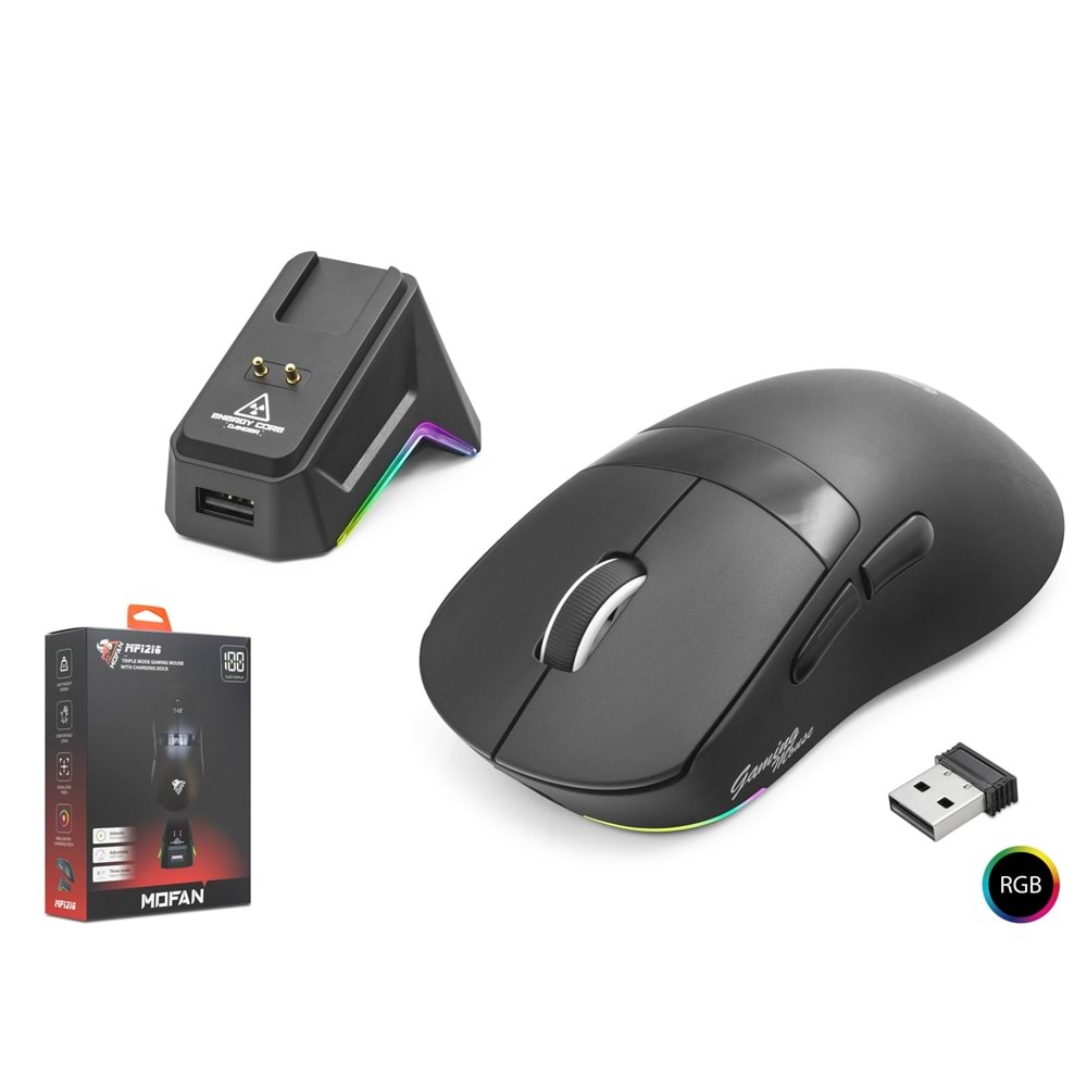 MOFAN MF1216B Tri Mode RGB Gaming Mouse Manyetik Şarj Standlı OLED Ekranlı 12000 DPI Siyah