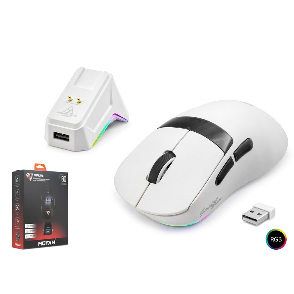 MOFAN MF1216W Tri Mode RGB Gaming Mouse Manyetik Şarj Standlı OLED Ekranlı 12000 DPI Beyaz