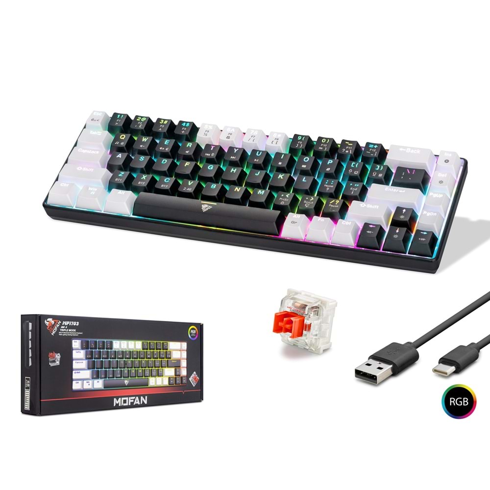 MOFAN MF1703B Tri Mode Mekanik Gaming Klavye Red Switch RGB 68 Tuş Siyah Beyaz