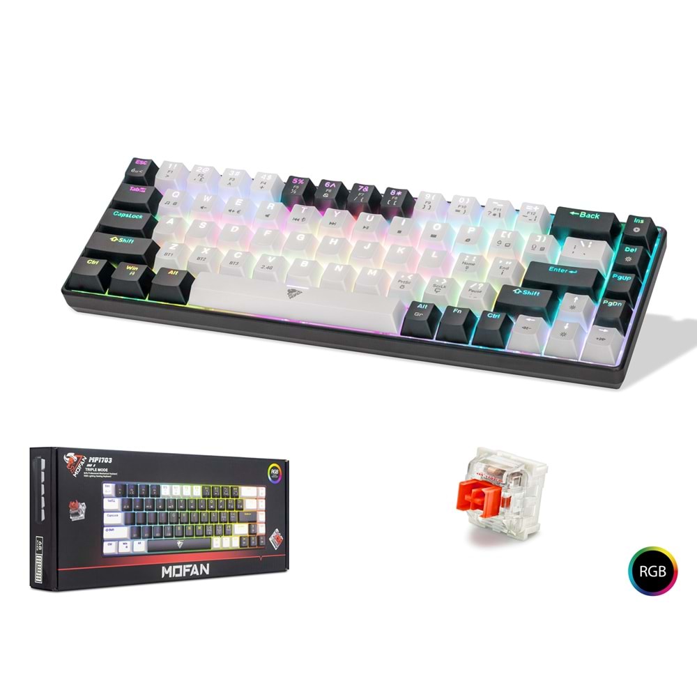 MOFAN MF1703W Tri Mode Mekanik Gaming Klavye Red Switch RGB 68 Tuş Beyaz Siyah