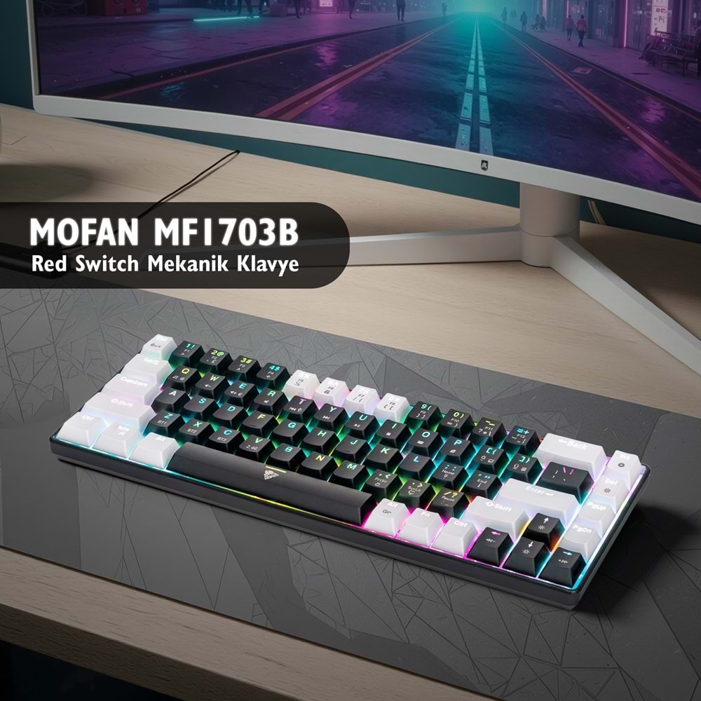 MOFAN MF1703W Tri Mode Mekanik Gaming Klavye Red Switch RGB 68 Tuş Beyaz Siyah