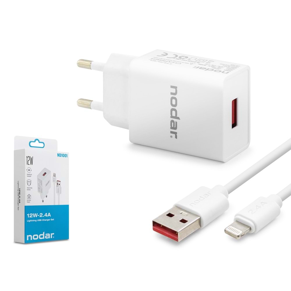 NODAR ND1001 Lightning Hızlı Şarj Seti 12W 2.4A USB Adaptörlü 1 m PVC Kablolu Beyaz