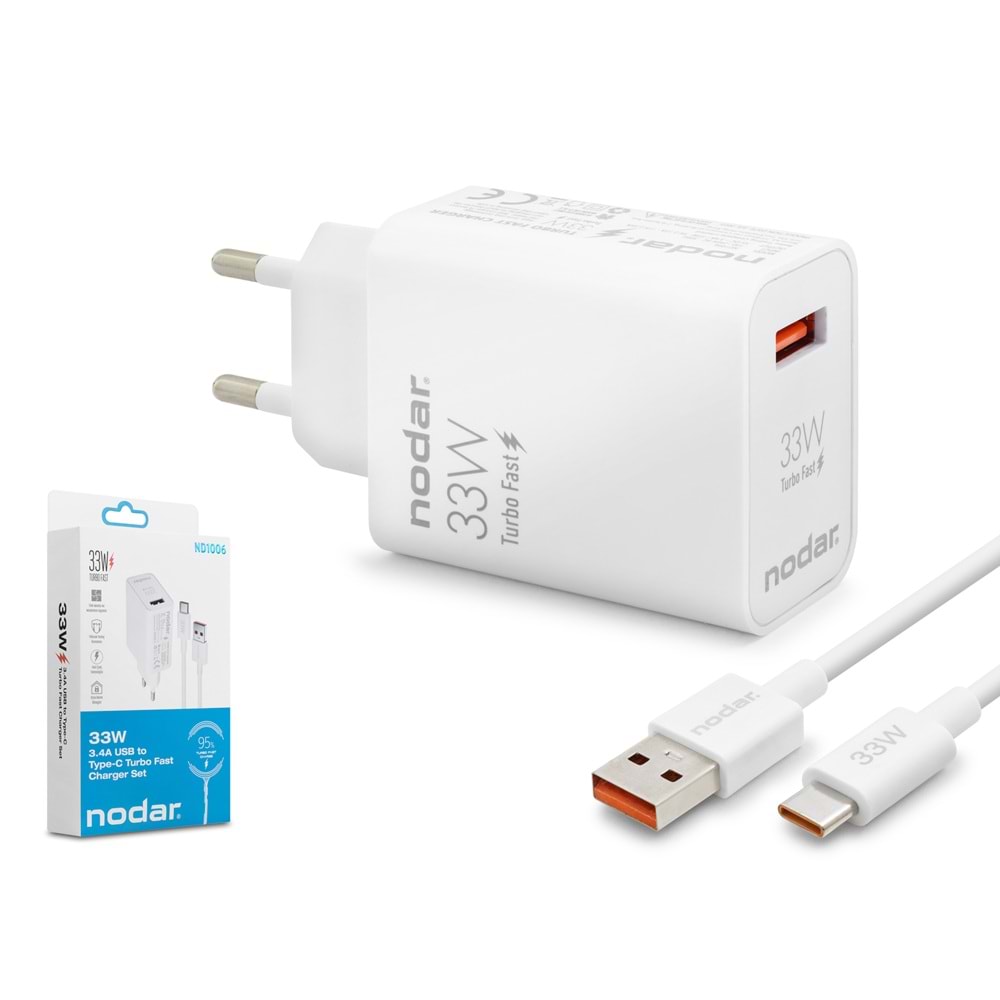 NODAR ND1006 Type-C Hızlı Şarj Seti 33W USB Adaptörlü 1 m PVC Kablolu Beyaz