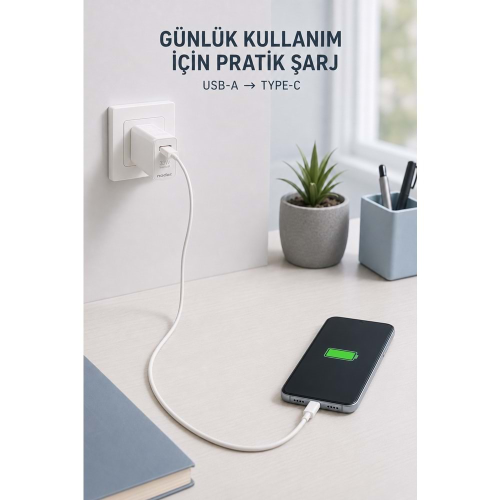 NODAR ND1006 Type-C Hızlı Şarj Seti 33W USB Adaptörlü 1 m PVC Kablolu Beyaz