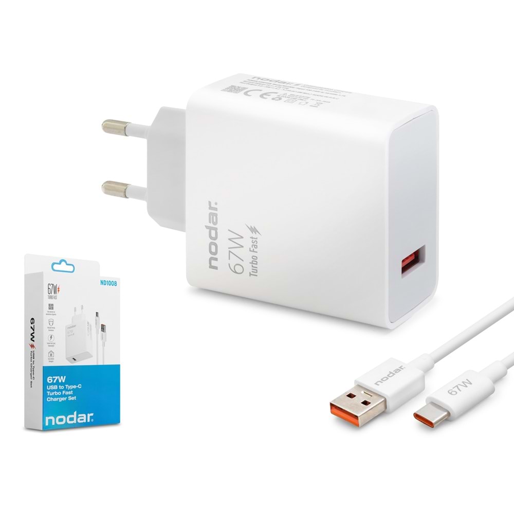 NODAR ND1008 Type-C Hızlı Şarj Seti 67W USB Adaptörlü 95 cm PVC Kablolu Beyaz