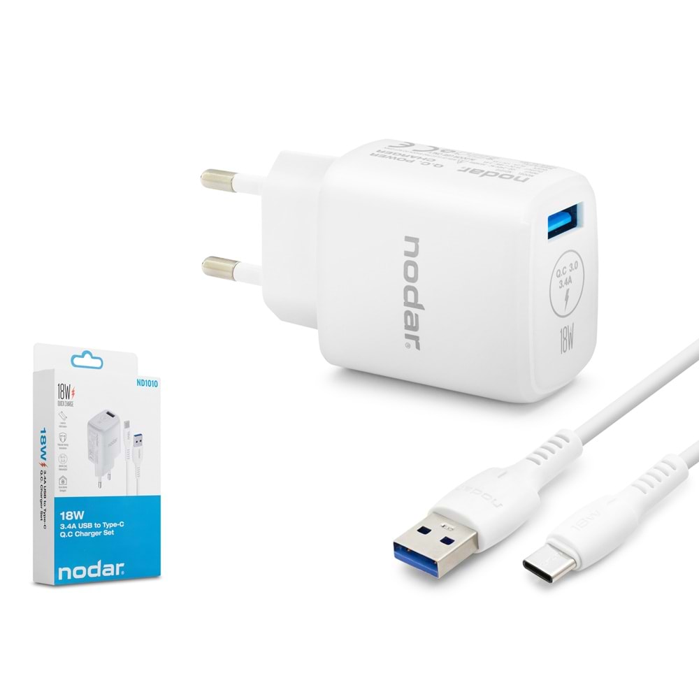 NODAR ND1010 Type-C QC 3.0 Hızlı Şarj Seti 18W 3.4A USB Adaptörlü 1 m PVC Kablolu Beyaz