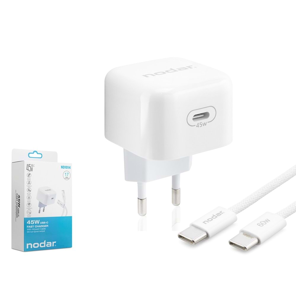 NODAR ND1014 Type-C Hızlı Şarj Seti 45W Type-C Adaptörlü 1 m Örgülü Kablolu Beyaz