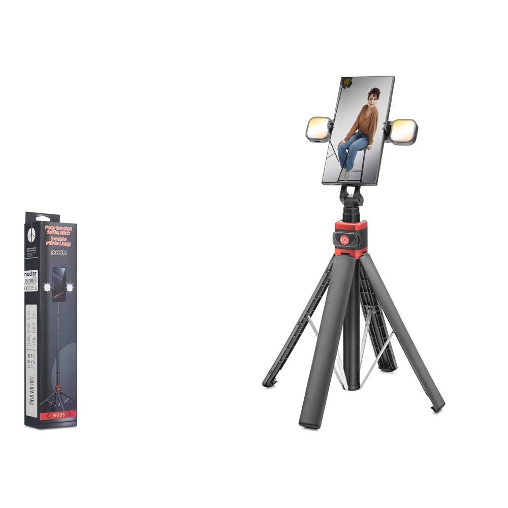 NODAR ND1036 Quadrupod Telefon Standı ve Selfie Çubuğu Çift LED Bluetooth Kumandalı 180 cm Siyah