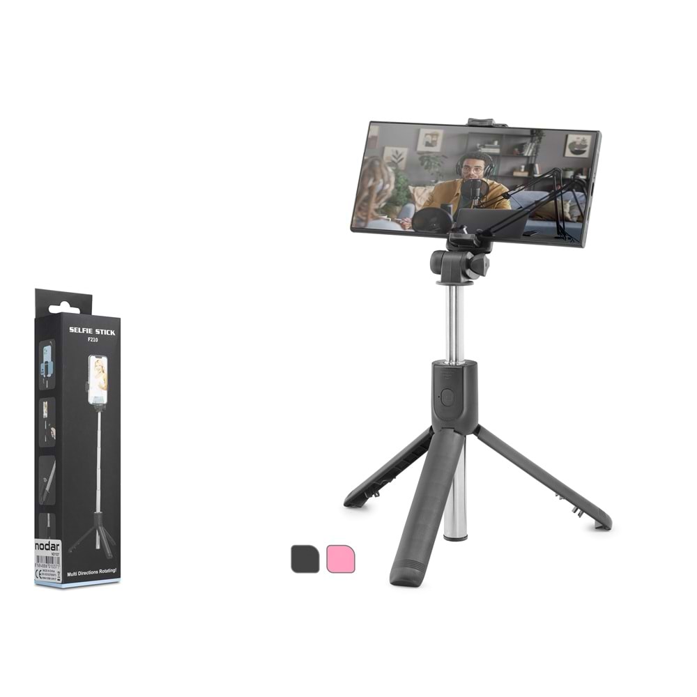 NODAR ND1037 Telefon Tripodu ve Selfie Çubuğu Bluetooth Kumandalı 69 cm Siyah Pembe