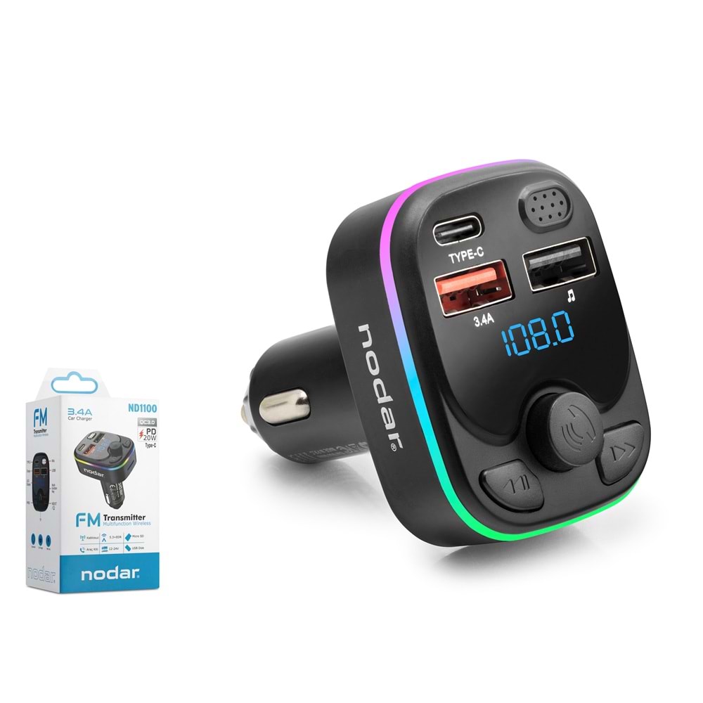 NODAR ND1100 Bluetooth 5.3 FM Transmitter PD 20W Şarj Cihazlı LED Ekranlı RGB Aydınlatmalı Siyah