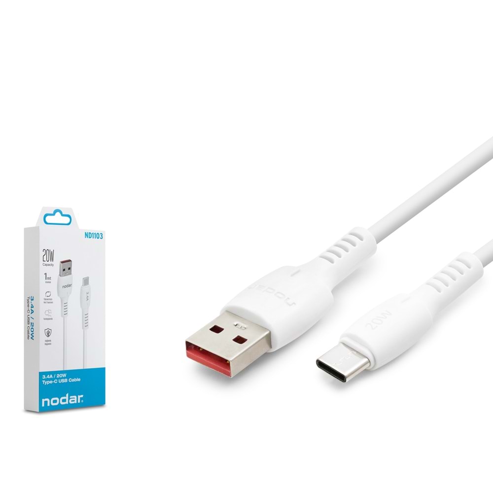 NODAR ND1103 USB Type-C Şarj ve Data Kablosu 20W 3.4A 1 m PVC Beyaz