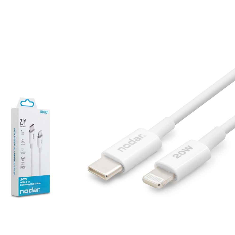 NODAR ND1151 Type-C Lightning Şarj ve Data Kablosu 20W 1 m PVC Beyaz