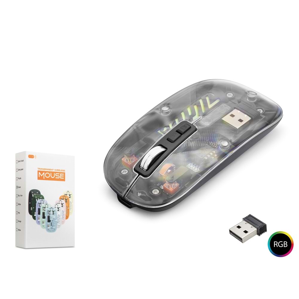 NODAR ND1201B Dual Mode Kablosuz Şeffaf Mouse 2.4 GHz Bluetooth 5.2 1600 DPI RGB Siyah
