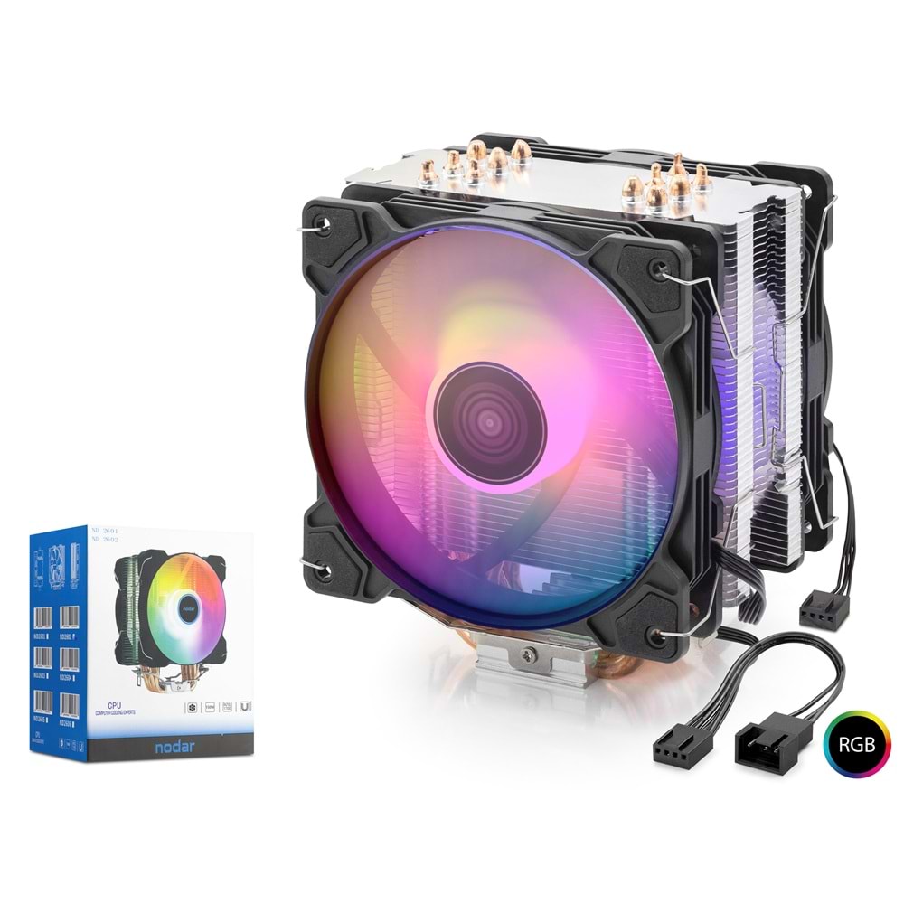 NODAR ND2602 CPU Kule Tipi İşlemci Soğutucu Çift Fanlı 120 mm RGB Siyah