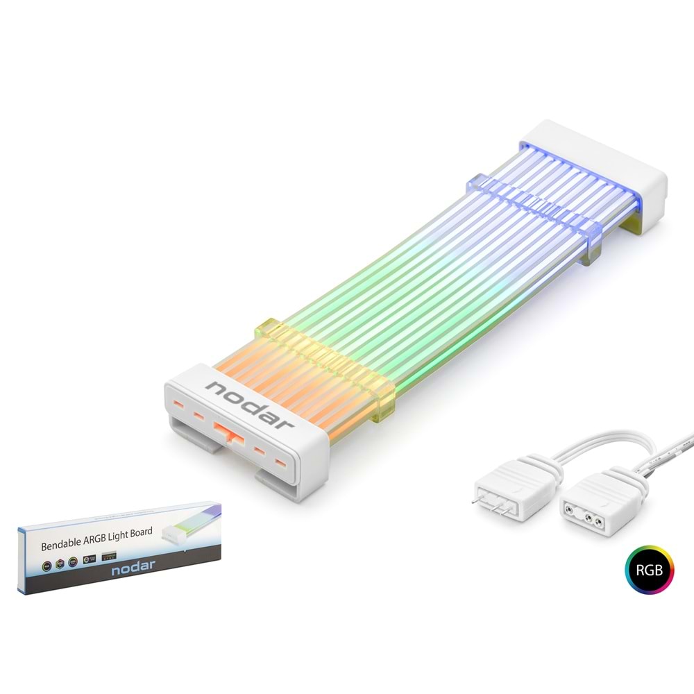 NODAR ND2800 24 Pin ARGB Anakart Güç Uzatma Kablosu Bükülebilir 2 mm 54 60 LED Beyaz