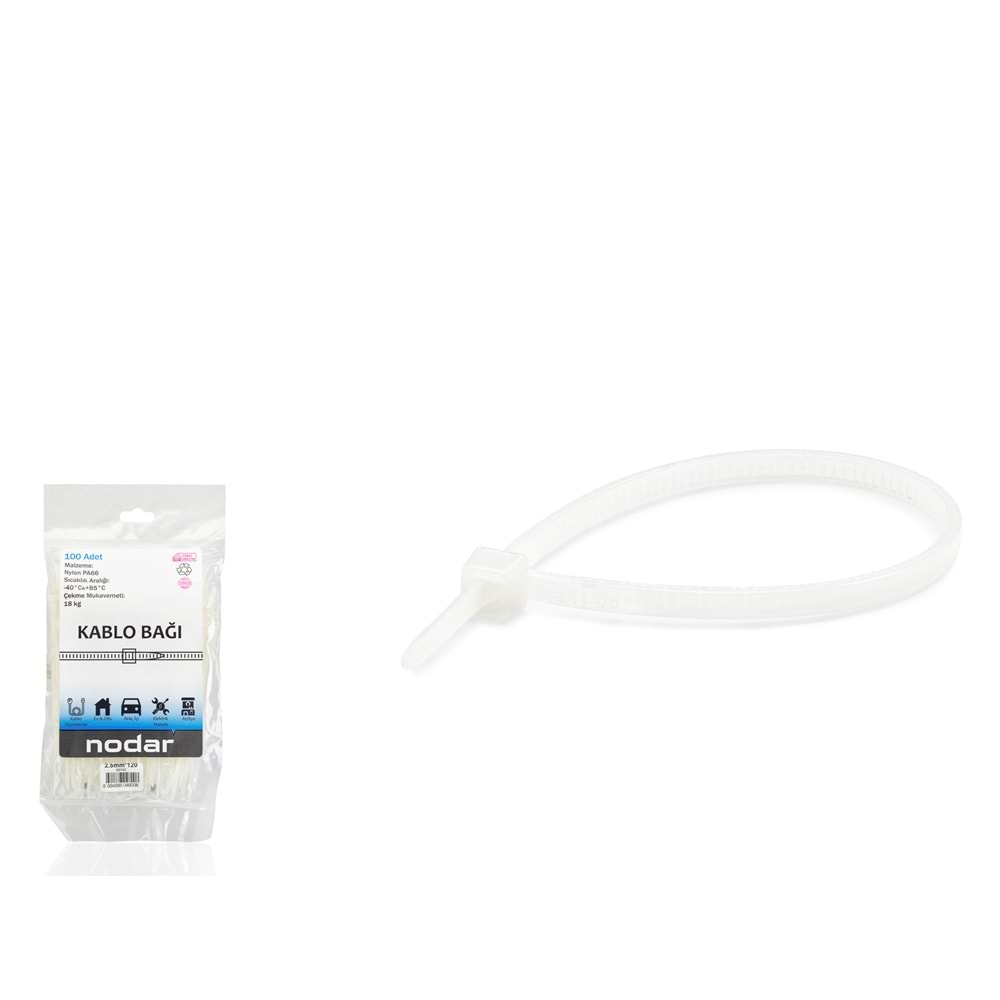 NODAR ND4800B Kablo Bağı 2.5 x 120 mm 100 Adetli Paket Beyaz