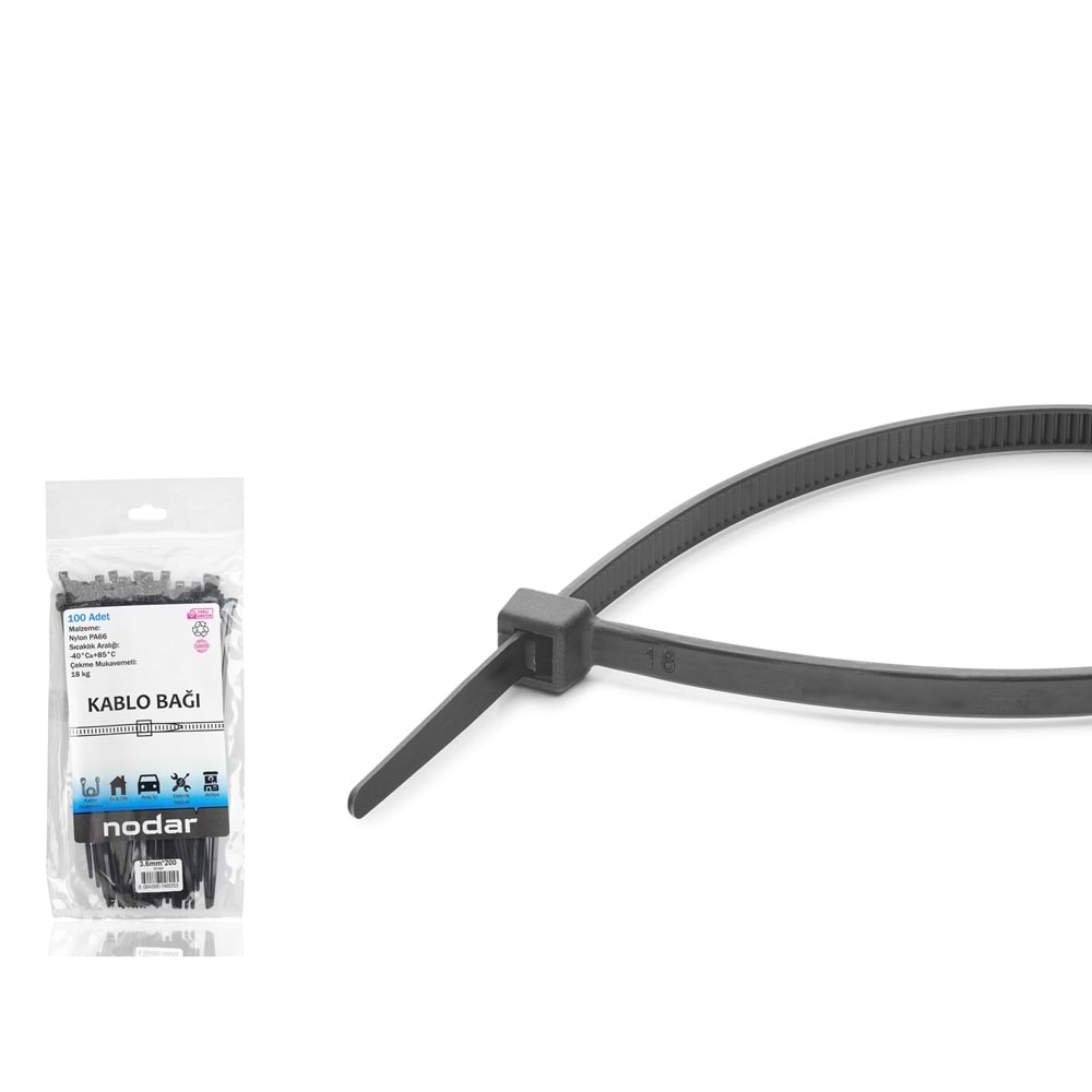 NODAR ND4803S Kablo Bağı 3.6 x 200 mm 100 Adetli Paket Siyah