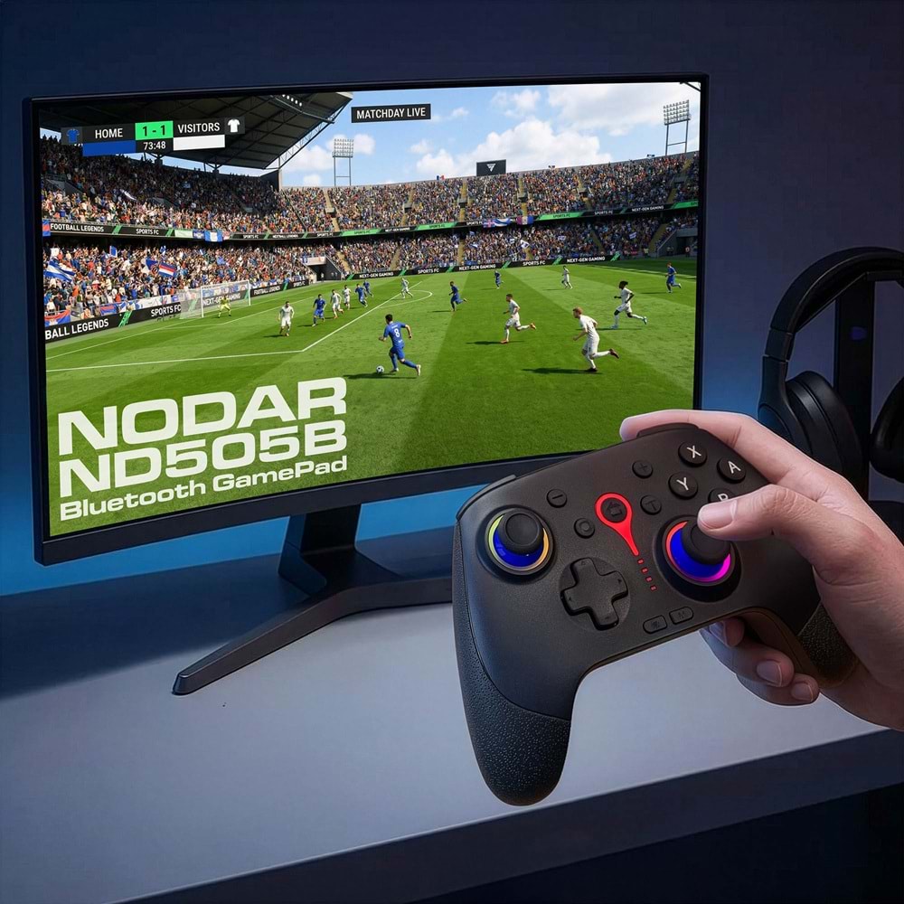 NODAR ND505B Bluetooth GamePad Oyun Kolu PC iOS Android Switch PS3 PS4 Uyumlu RGB Siyah