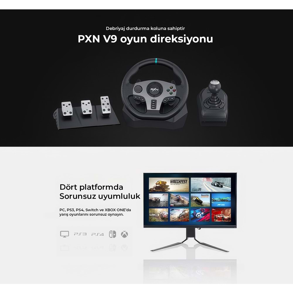 NODAR ND703 PXN V9 Oyuncu Direksiyon Seti 900° 3 Pedallı PS4 PS3 PC Xbox Switch Uyumlu Siyah