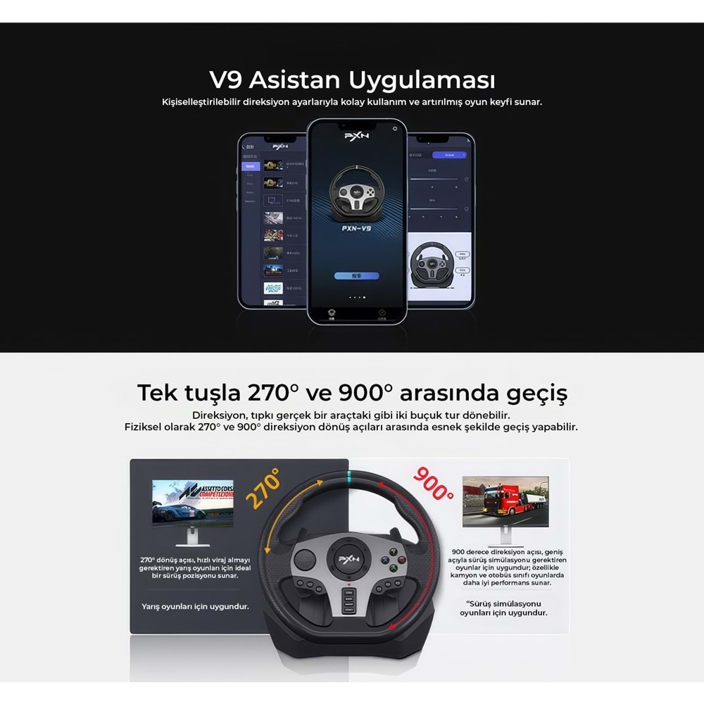 NODAR ND703 PXN V9 Oyuncu Direksiyon Seti 900° 3 Pedallı PS4 PS3 PC Xbox Switch Uyumlu Siyah