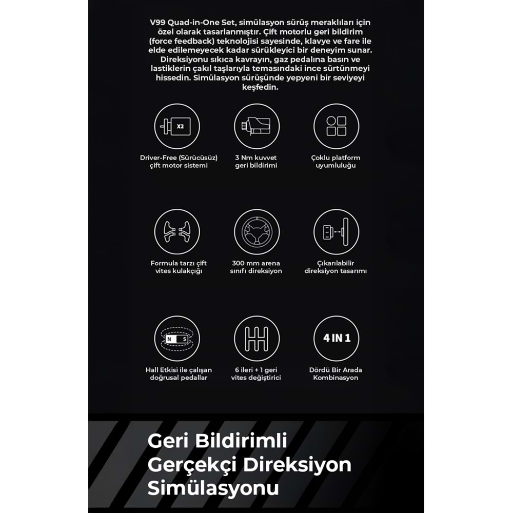 NODAR ND704 PXN V99 Oyuncu Direksiyon Seti 3.2Nm Force Feedback 3 Pedallı PS4 PC Xbox Uyumlu Siyah