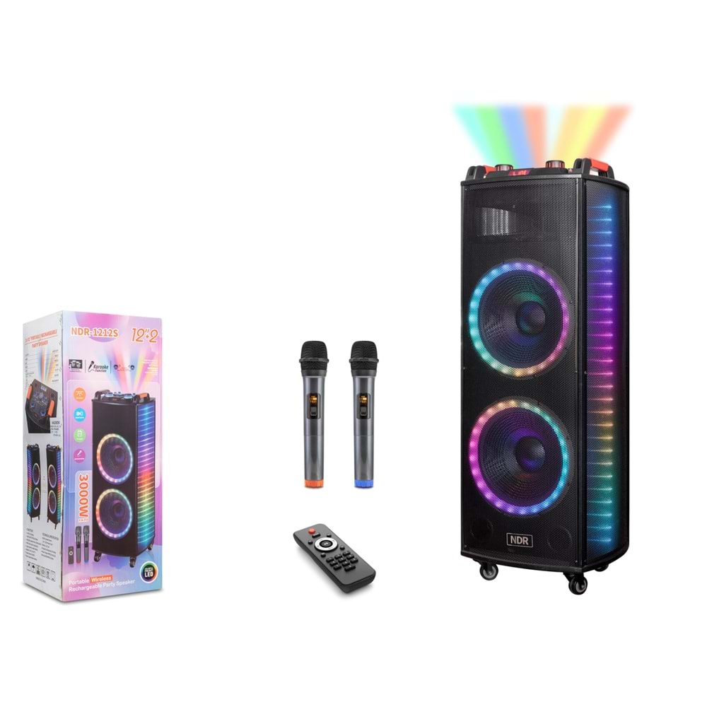 NDR NDR1212S Çift Karaoke Mikrofonlu Bluetooth Hoparlör FM Radyo 80W 2x12 İnç RGB Kumandalı Siyah