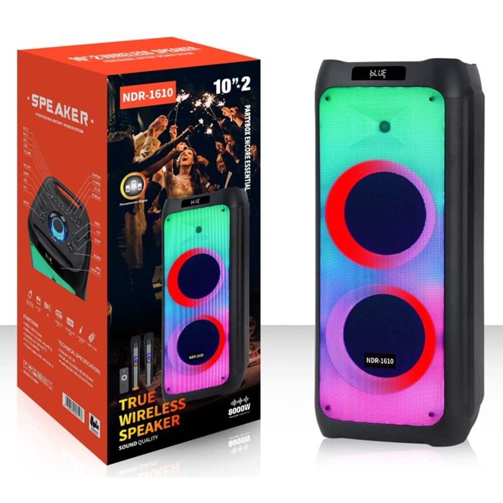 NDR NDR1610 Çift Karaoke Mikrofonlu Bluetooth Hoparlör FM Radyo 2x10 İnç RGB Kumandalı Siyah