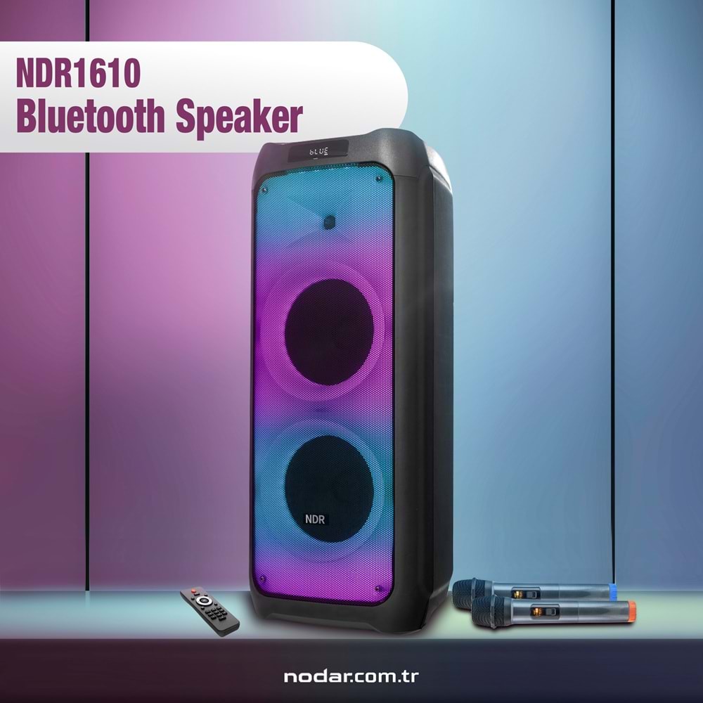 NDR NDR1610 Çift Karaoke Mikrofonlu Bluetooth Hoparlör FM Radyo 2x10 İnç RGB Kumandalı Siyah