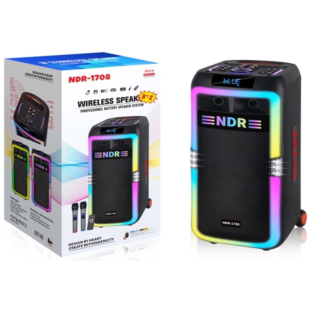 NDR NDR1708 Çift Karaoke Mikrofonlu Bluetooth Hoparlör FM Radyo 2x8 İnç RGB Kumandalı Siyah
