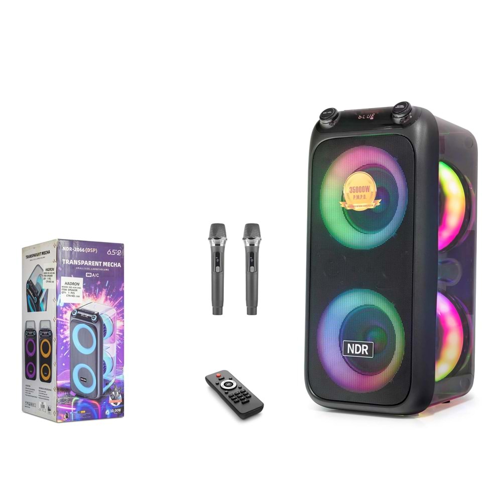 NDR NDR2066 Çift Karaoke Mikrofonlu Bluetooth Hoparlör 2x6,5 İnç RGB Kumandalı Siyah