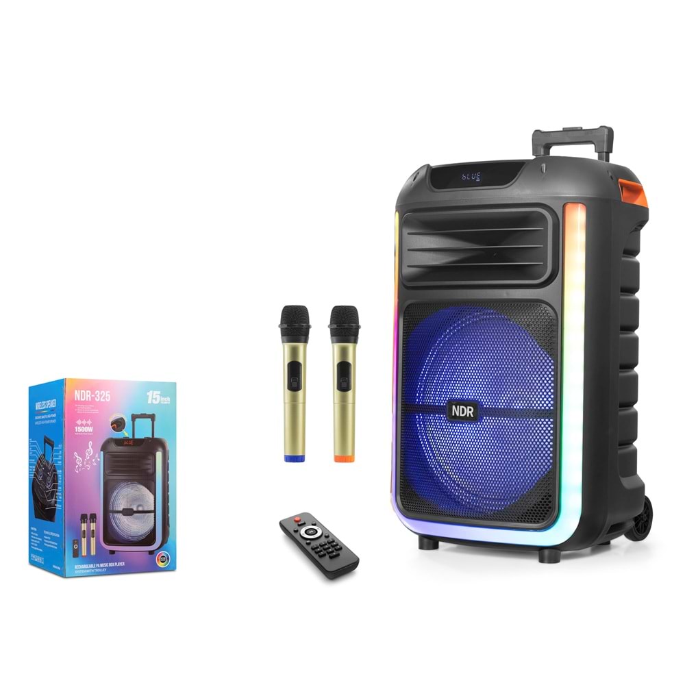 NDR NDR325 Çift Karaoke Mikrofonlu Bluetooth Hoparlör FM Radyo 40W 15 İnç RGB Kumandalı Siyah