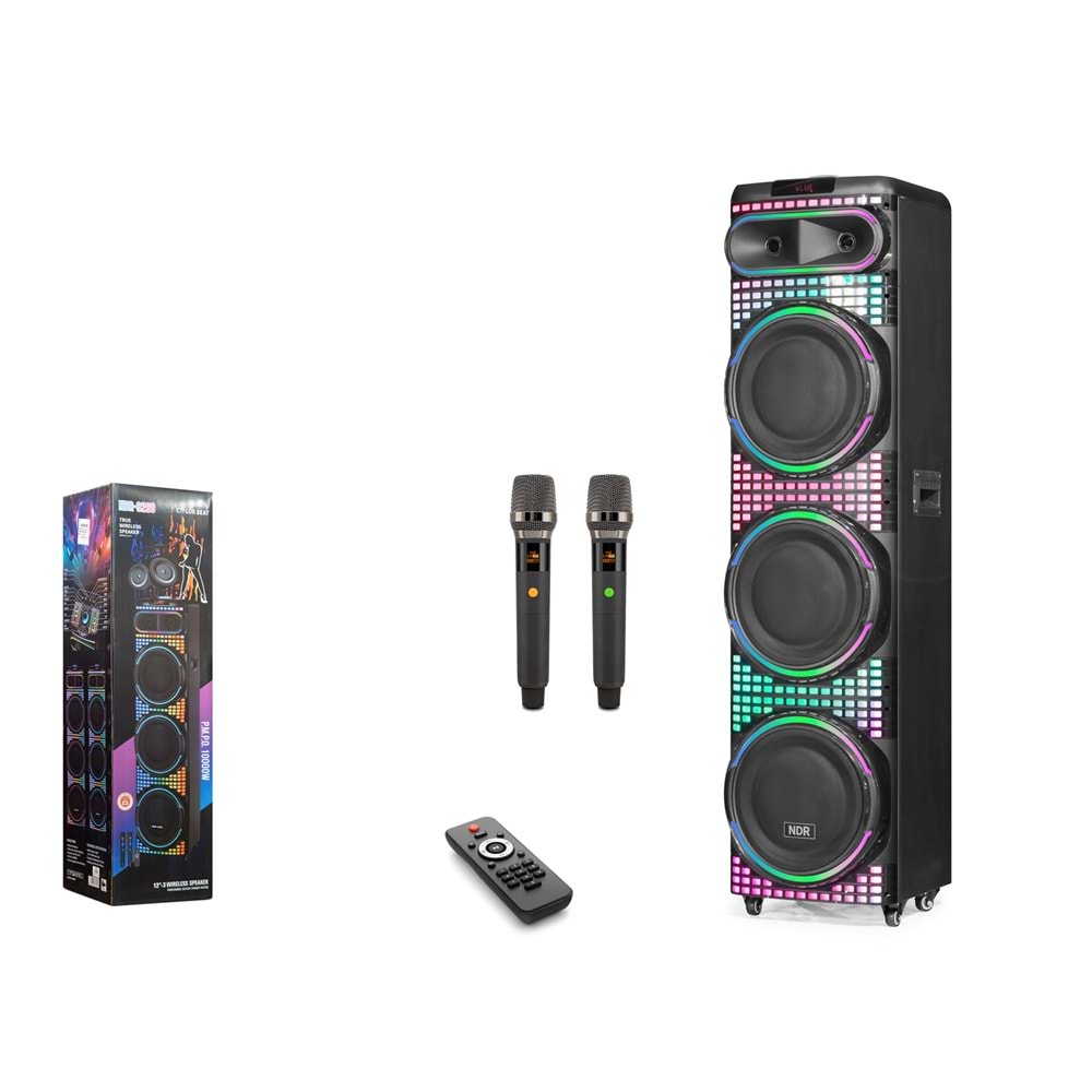 NDR NDR3260 Çift Karaoke Mikrofonlu Bluetooth Hoparlör FM Radyo 100W 3x12 İnç RGB Kumandalı Siyah